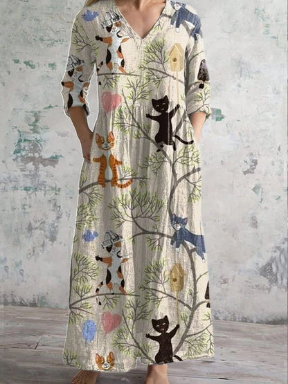 Women's Vintage Cat Floral Print Casual Long Sleeve Dress