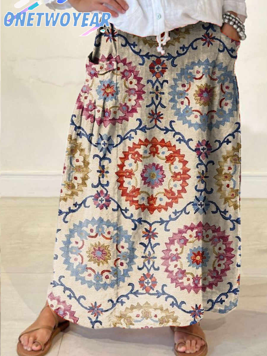 Women's Retro Ethnic Floral Pattern Printed Casual Pocket Skirt