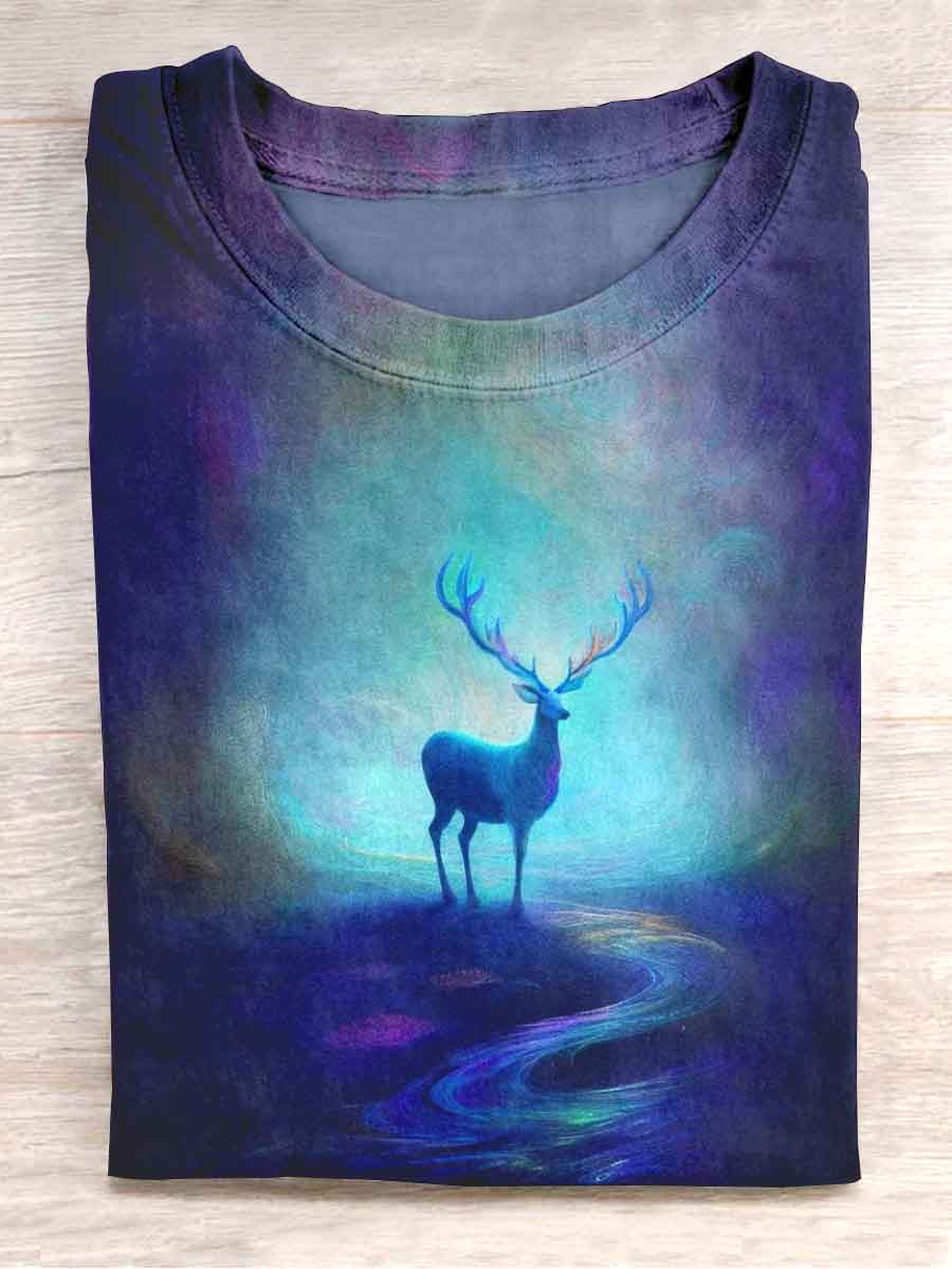 Unisex Moonlight Reindeer Print Casual T-Shirt