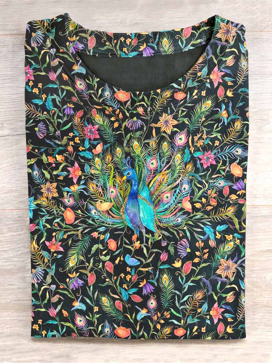 Unisex Floral Peacock Print Casual T-Shirt