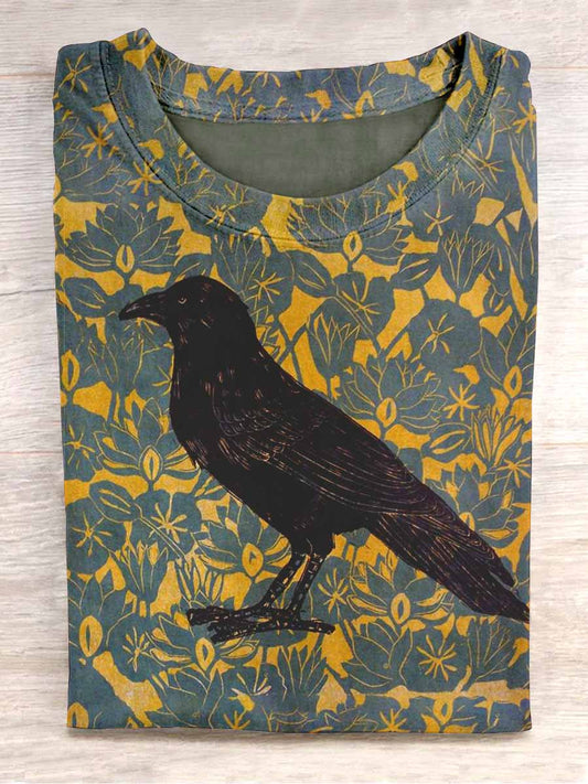 Unisex Floral Raven Print Casual T-Shirt