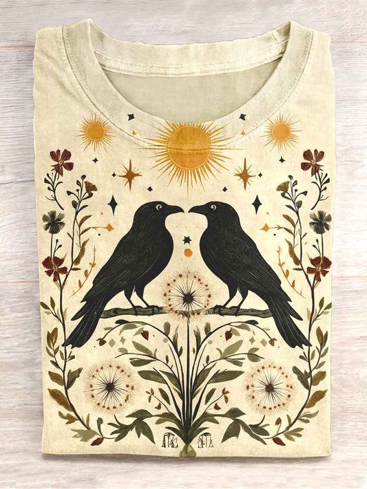 Unisex Floral Raven Print Casual T-Shirt