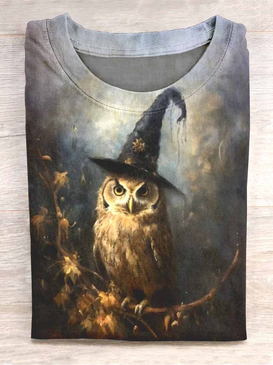 Unisex Halloween Wizard Owl Print T-shirt