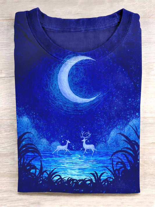 Unisex Moonlight Reindeer Print Casual T-Shirt