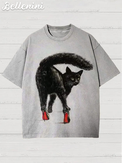 Unisex Retro Funny Cat Pattern Printed Casual Cotton Short Sleeve T-Shirt