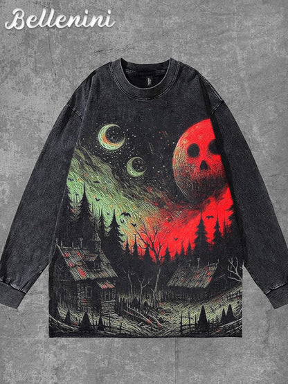 Unisex Vintage Halloween Horror Graphic Printed Casual Cotton Long Sleeve T-Shirt