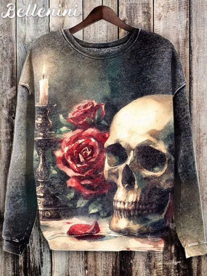 Unisex Vintage Halloween Floral Skull Pattern Print Casual Sweatshirt