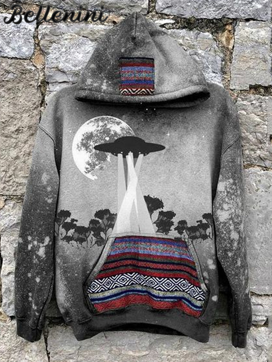 Unisex Retro UFO  Art Illustration Printed Casual Hoodie