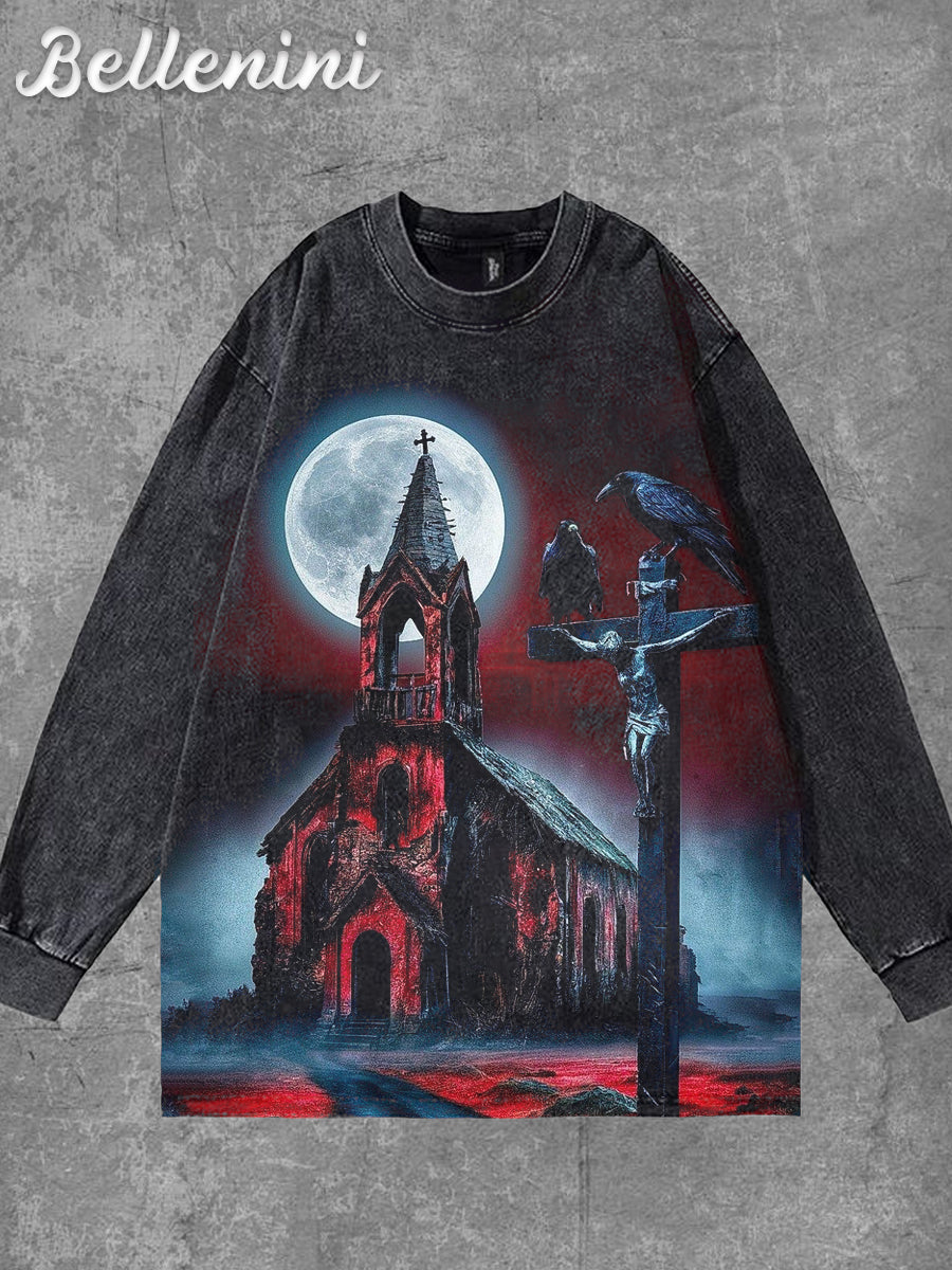 Unisex Vintage Halloween Raven Graphic Print Casual Cotton Long Sleeve T-Shirt