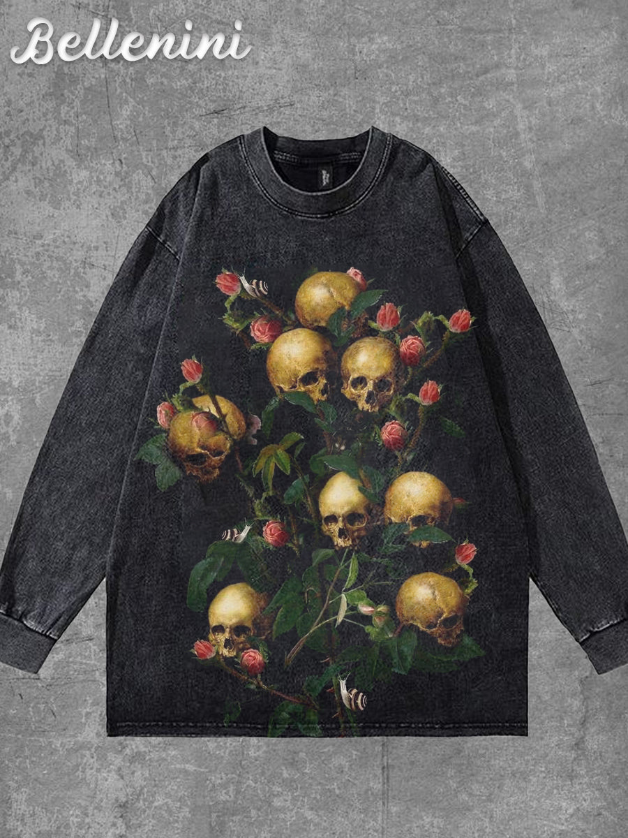 Unisex Vintage Skull Graphic Print Casual Cotton Long Sleeve T-Shirt