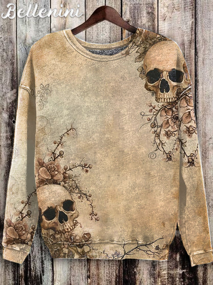 Unisex Vintage Halloween Skull Graphic Print Casual Sweatshirt