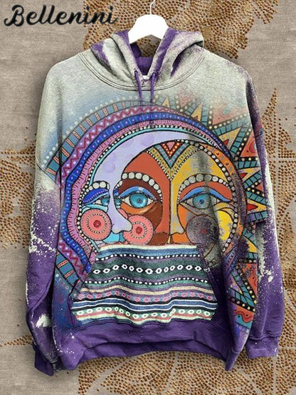 Unisex Retro Sun and Moon Art Illustration Printed Casual Hoodie