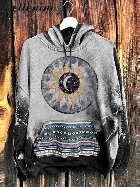 Unisex Retro Sun Art Illustration Printed Casual Hoodie