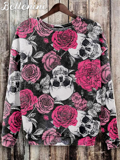 Unisex Retro Halloween Rose Skull Pattern Printed Casual Sweatshirt