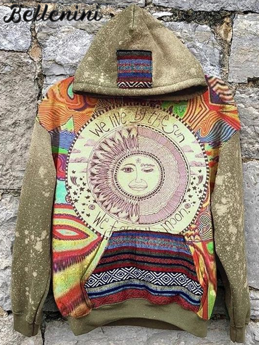 Unisex Retro Sun Art Illustration Printed Casual Hoodie