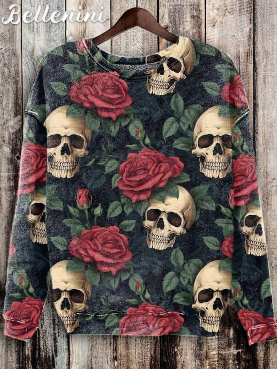 Unisex Retro Halloween Rose Skull Pattern Printed Casual Sweatshirt