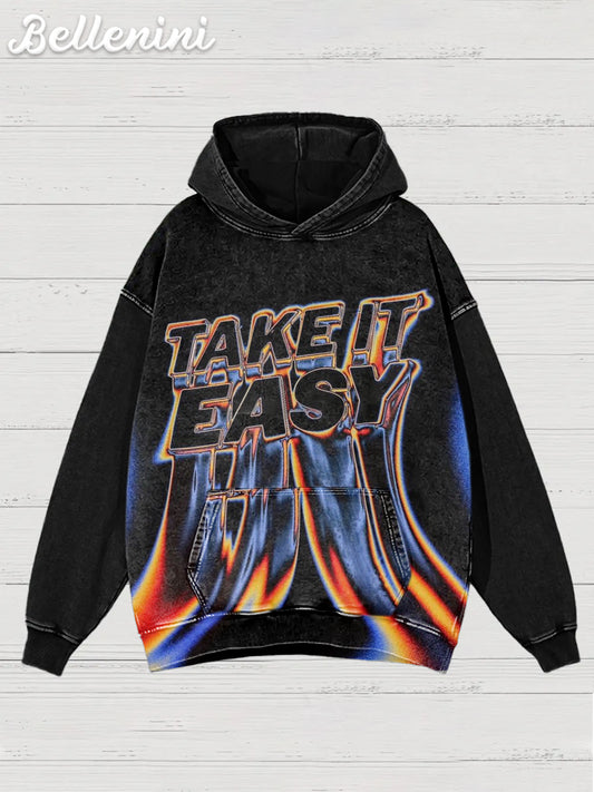 Unisex Retro Colorful Take It Easy Art Illustration Printed Casual Hoodie