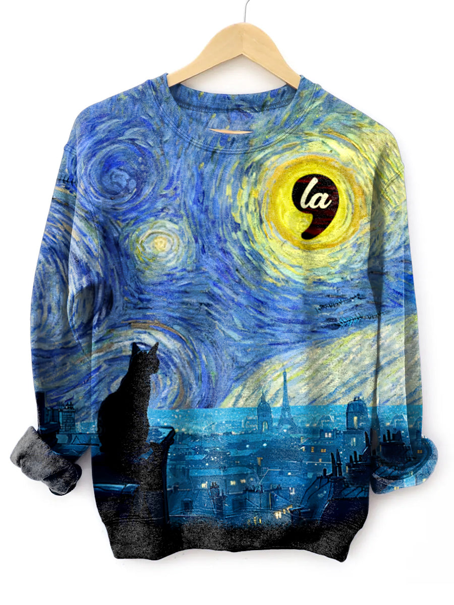 Unisex Halloween Starry Night Black Cat Comma La Printed Casual Sweatshirt