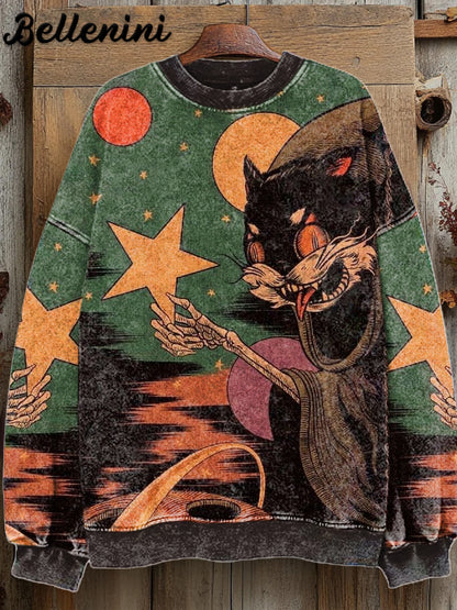 Unisex Retro Halloween Cat Art Illustration Printed Casual Sweatshirt