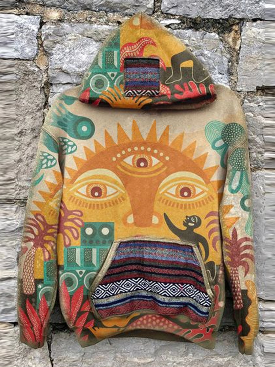 Unisex Retro Sun Art Illustration Printed Casual Hoodie