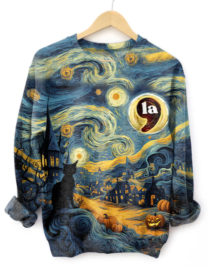 Unisex Halloween Starry Night Black Cat Comma La Printed Casual Sweatshirt