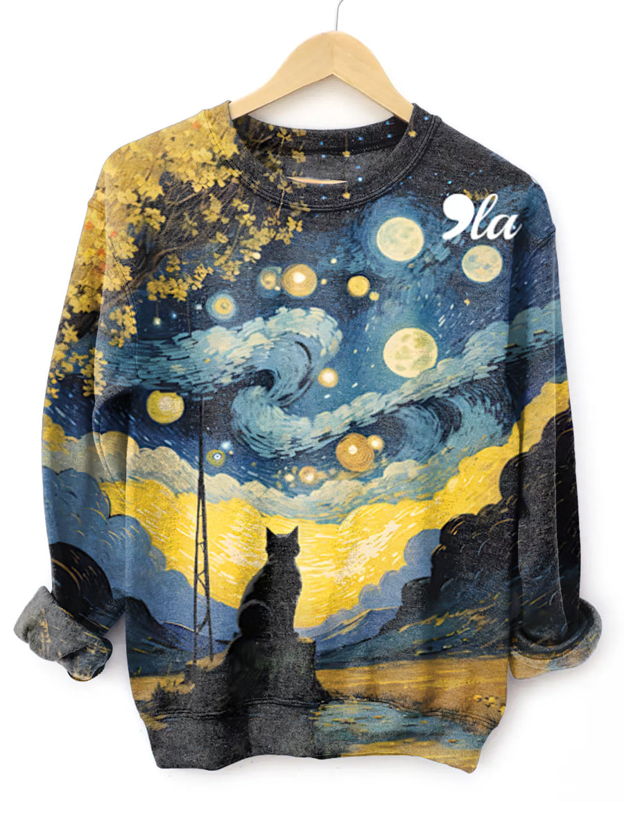 Unisex Halloween Starry Night Black Cat Comma La Printed Casual Sweatshirt