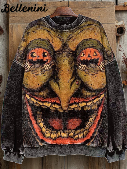 Unisex Retro Halloween Horror Pumpkin Art Illustration Printed Casual Sweatshirt