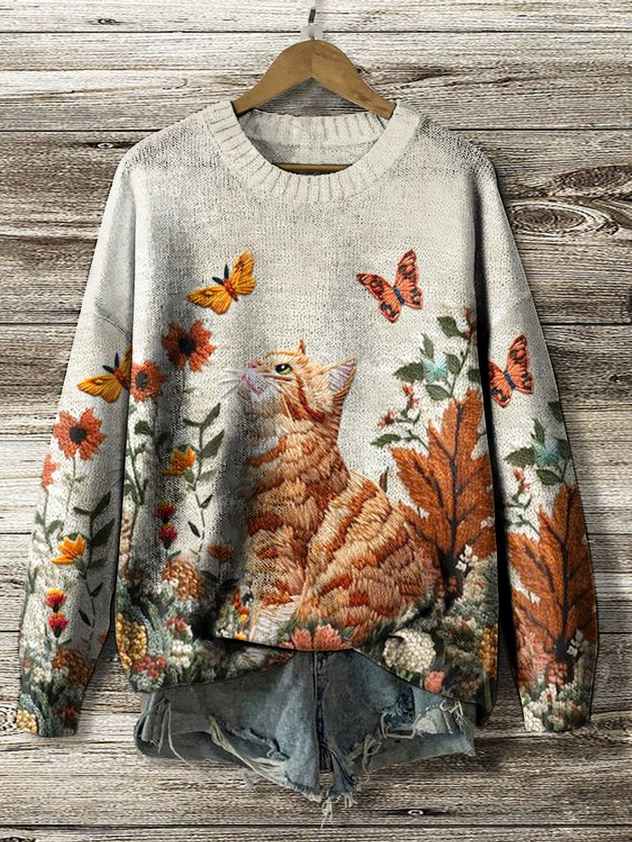 Women's Vintage Cat Floral Print Knit Pullover Top