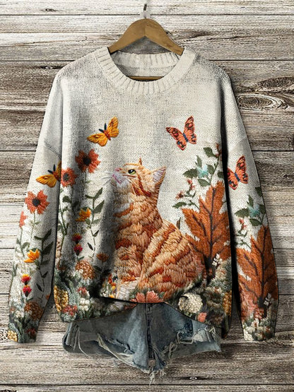 Women's Vintage Cat Floral Print Knit Pullover Top