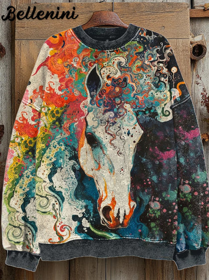 Unisex Retro Horse Art Illustration Printed Casual Sweatshirt