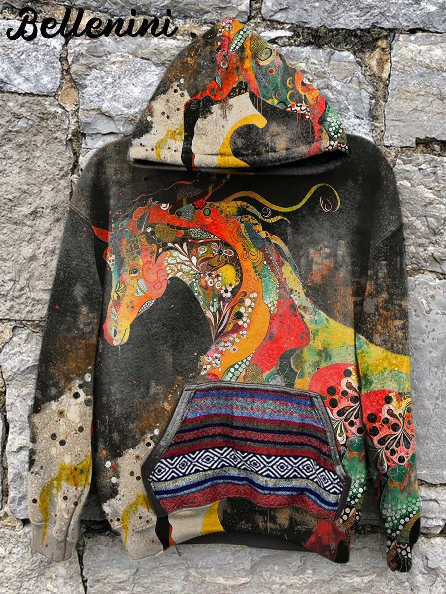 Unisex Retro Horse Art Illustration Printed Casual Hoodie