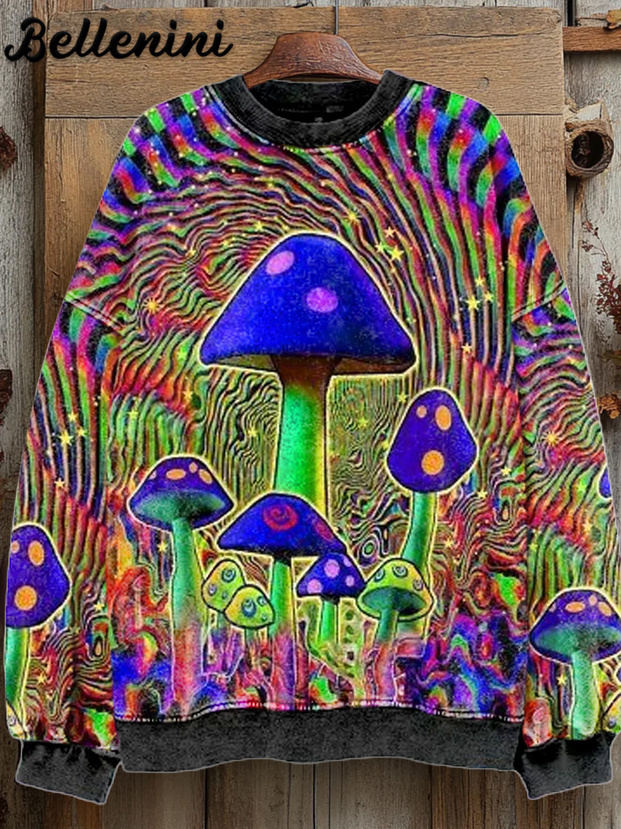 Unisex Retro Mushroom Art Illustration Printed Casual Sweatshirt