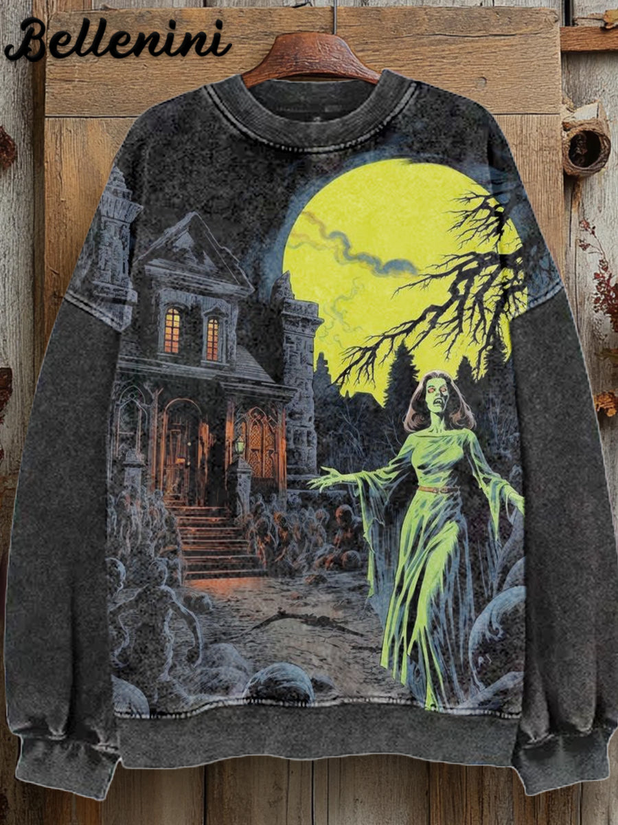 Unisex Retro Halloween Witch Art Illustration Printed Casual Sweatshirt