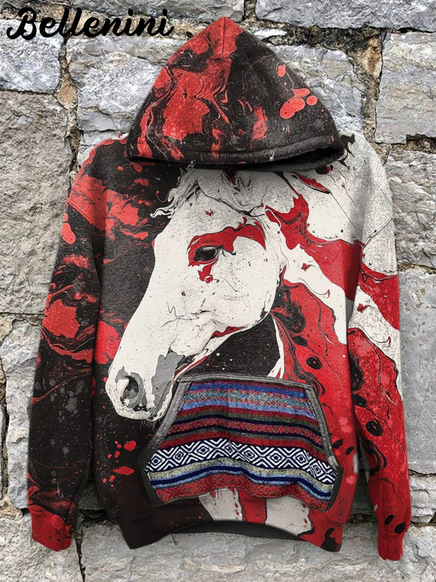 Unisex Retro Horse Art Illustration Printed Casual Hoodie