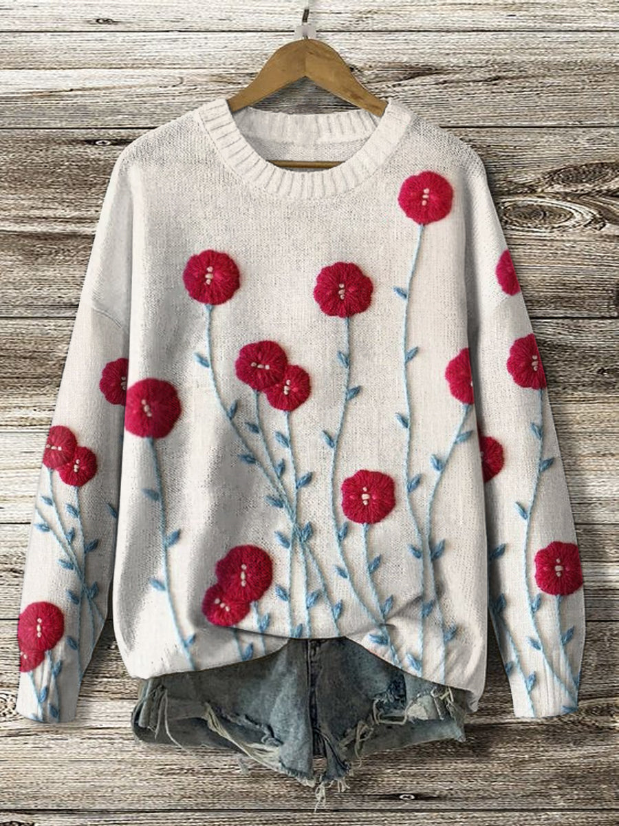 Women's Vintage Floral Print Knit Pullover Top