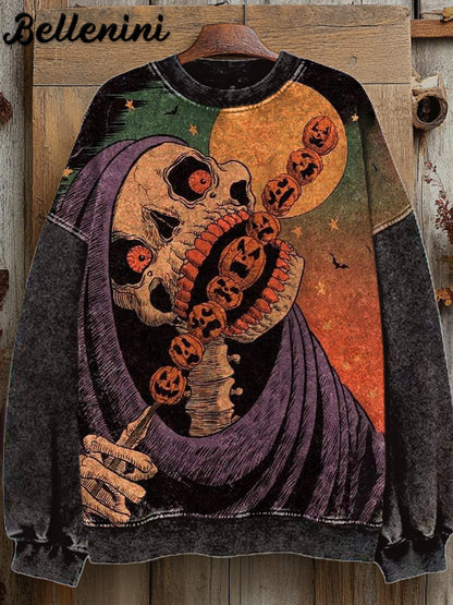 Unisex Retro Halloween Horror Pumpkin Art Illustration Printed Casual Sweatshirt