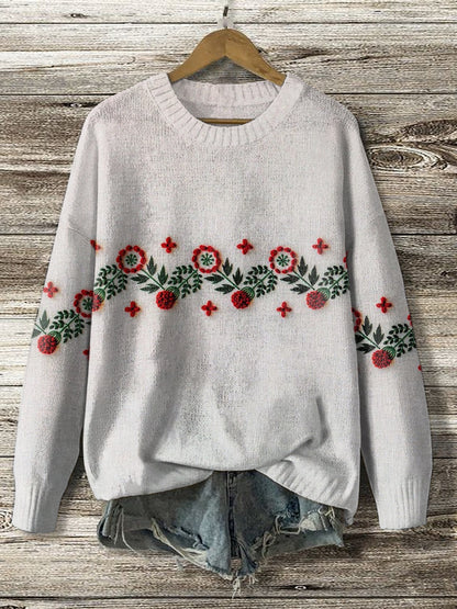 Women's Vintage Floral Print Knit Pullover Top