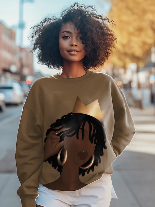 Women's Fashion African Woman Art Illustration Printed Casual Sweatshirt