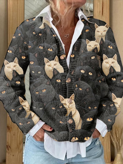 Women's Vintage Cute Cat Pattern Cardigan Sweater