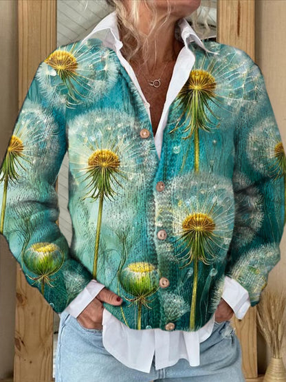 Women's Vintage Dandelion Print Casual Cardigan Sweater