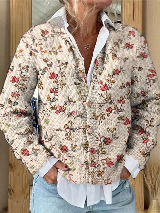 Women's Vintage Floral Print Casual Cardigan Sweater