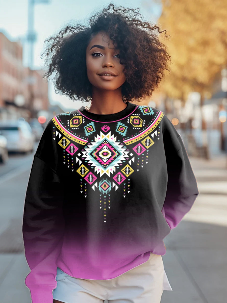 Women's Ethnic Style Geometric Art Illustration Printed Casual Sweatshirt