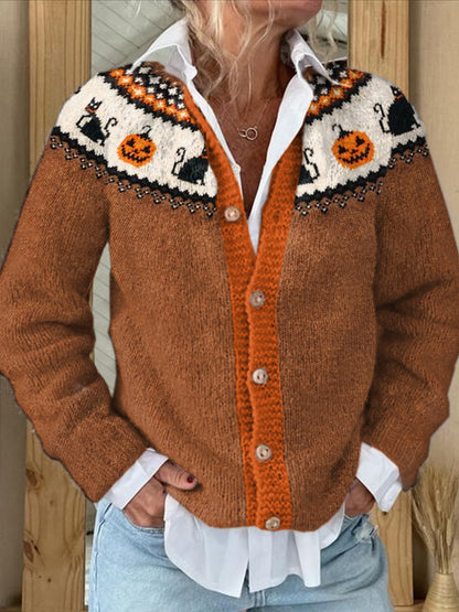 Women's Vintage Halloween Pumpkin Print Casual Sweater Cardigan