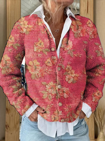 Women's Vintage Floral Print Casual Cardigan Sweater