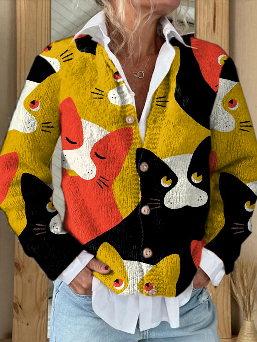 Women's Vintage Cute Cat Pattern Cardigan Sweater