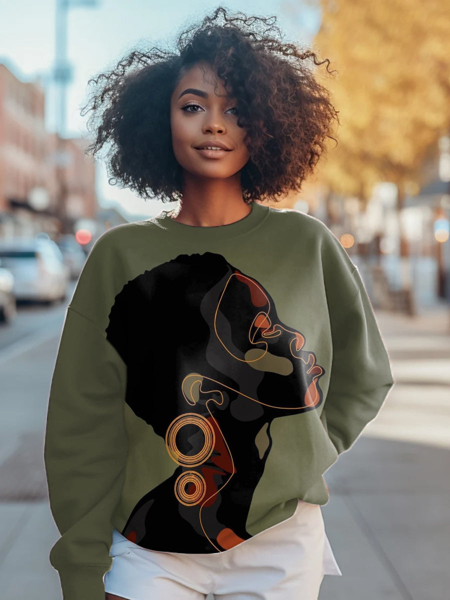 Women's Fashion African Woman Art Illustration Printed Casual Sweatshirt