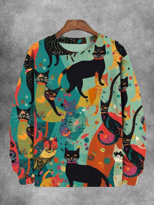 Unisex Cute Abstract Cat Print Casual Sweatshirt