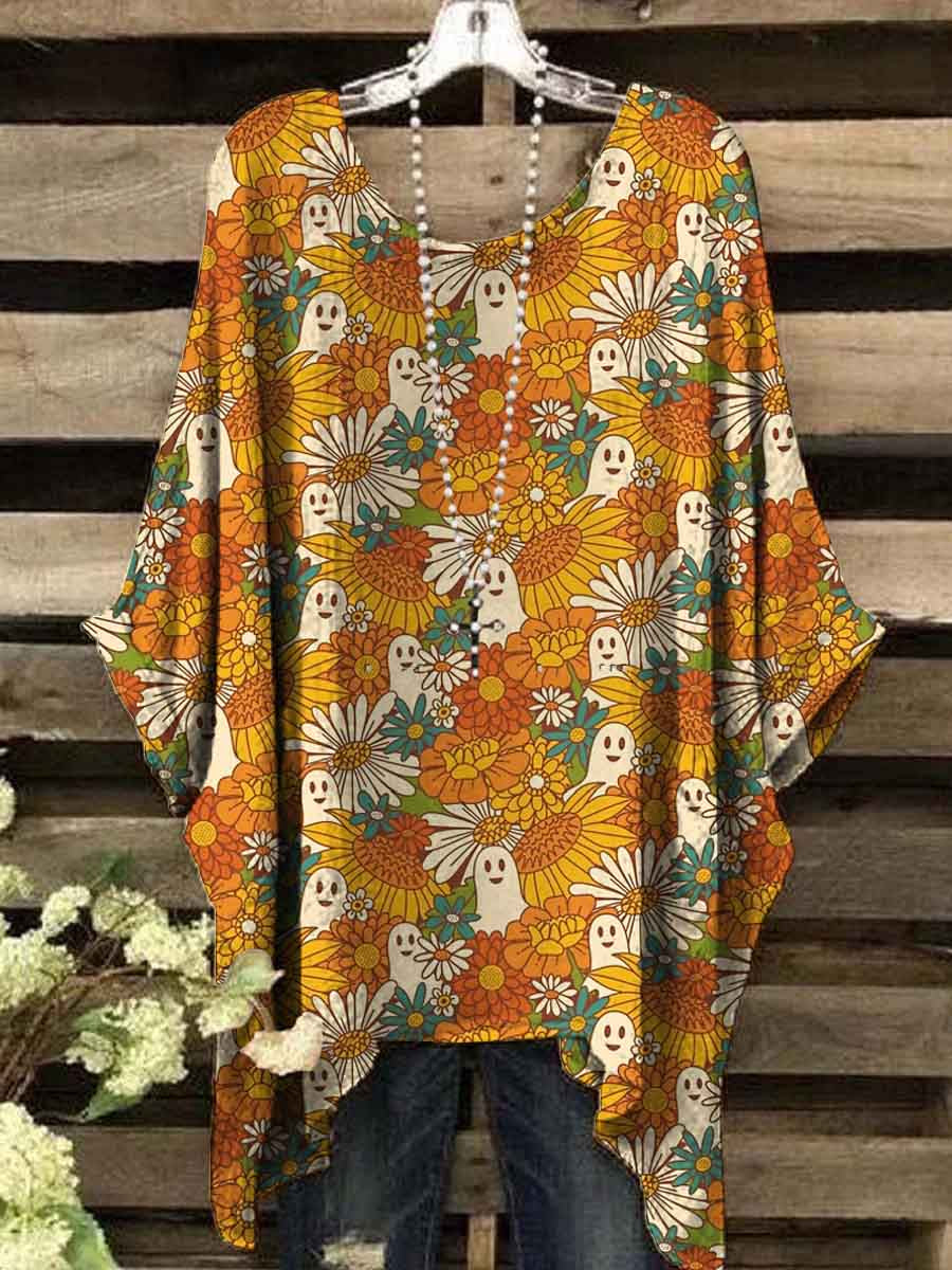 Women's Halloween Ghost Floral Print Casual Top