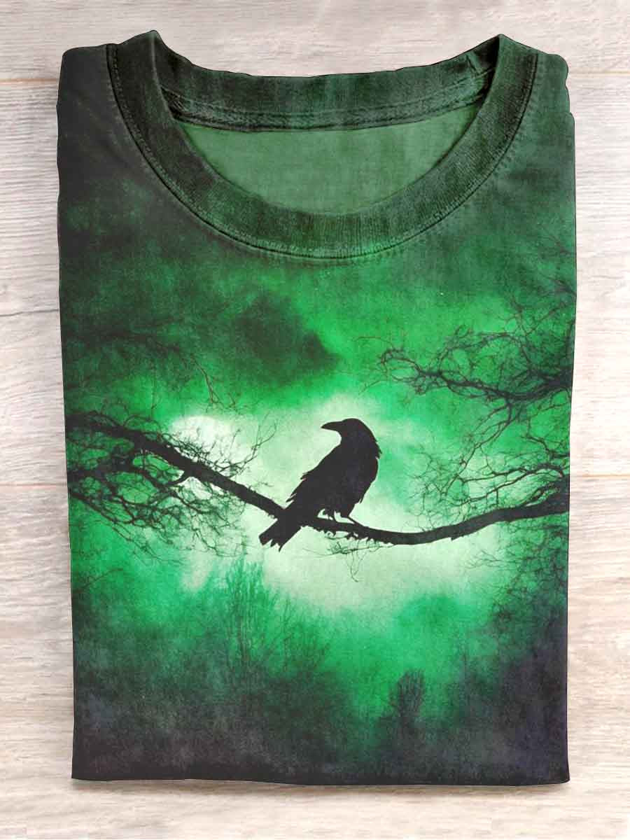 Unisex Halloween Raven Print Casual T-Shirt