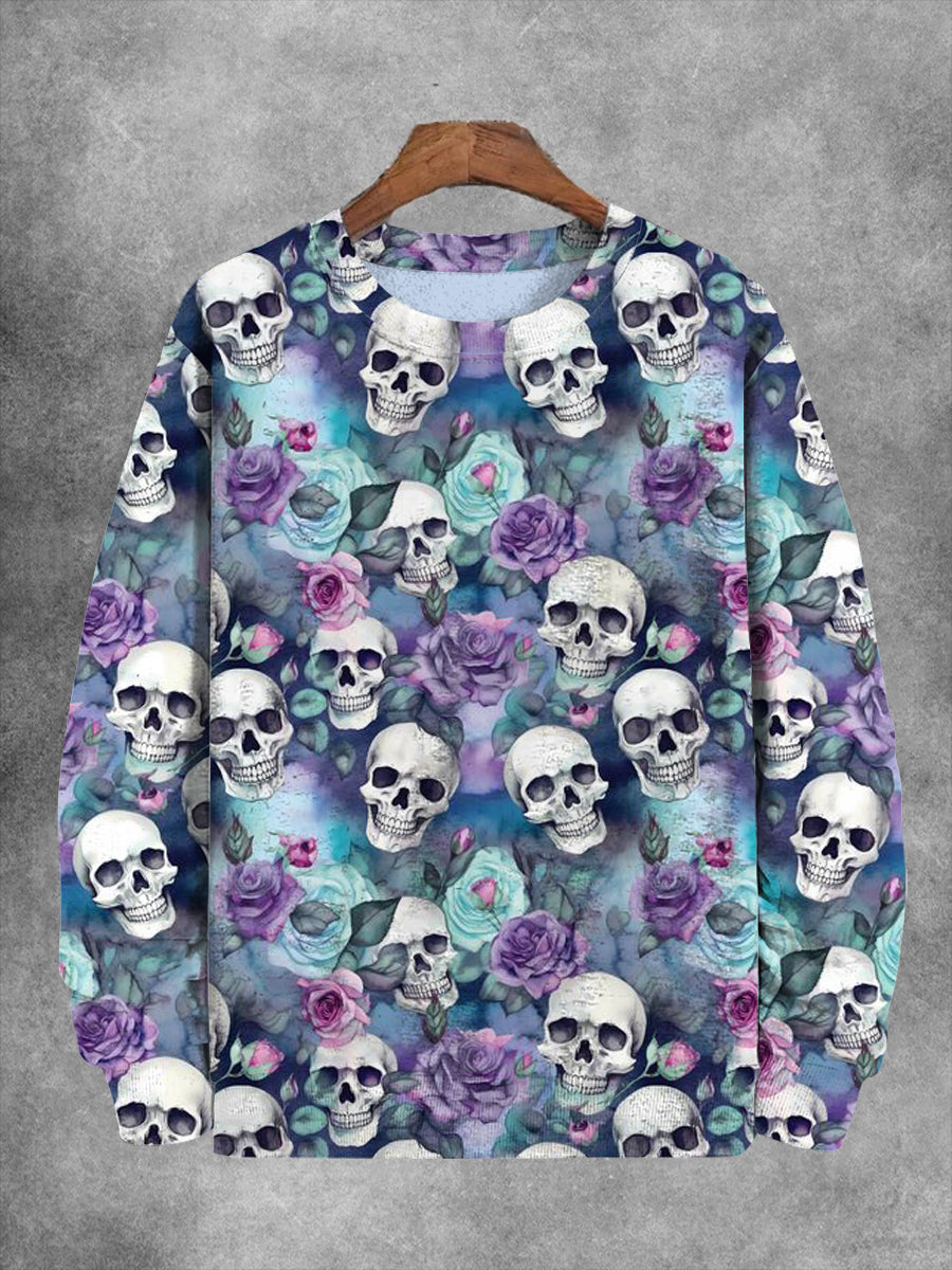 Unisex Halloween Skull Floral Print Casual Sweatshirt